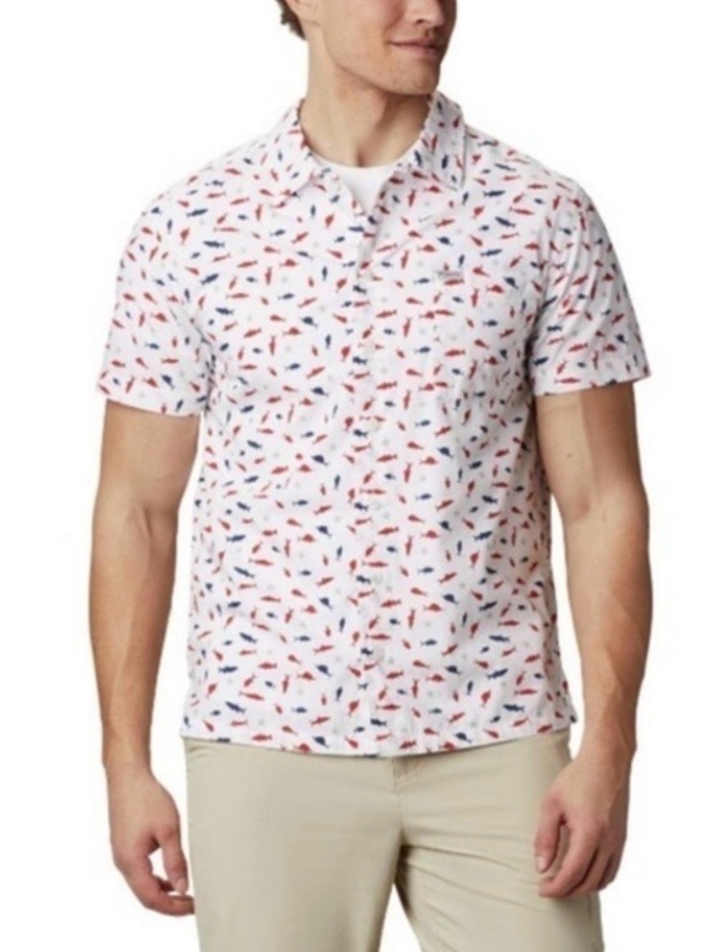 Columbia PFG Red White and Blue Stars/Fish Fishing Short Sleeve Shirt size XXL.